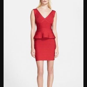 Herve Leger, Size Small, Red, Bandage Peplum Dress. No stains